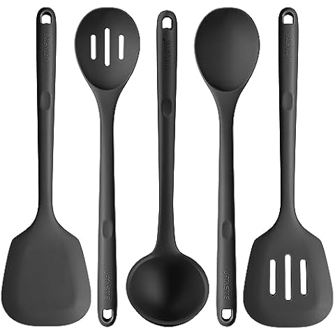 Silicone Kitchen Cooking Utensil Set: U-Taste High Heat Resistant 13.6in Long Kitchen Gadgets, BPA Free Non Stick Rubber Cook Accessories For Stir Frying, Serving, Basting, Mixing (5 Pieces, Black) Cover