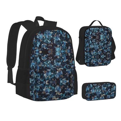Sea Turtle Print 3 Piece Set Backpack, Lunch Bag, Pencil Case, Cute Sturdy For College And Travel2