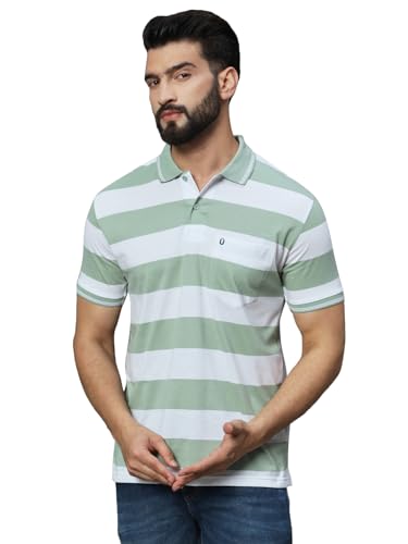Image of UNIBERRY Men's Cotton Blend Regular Fit Polo Collar Striper T Shirt Has A Short Sleeves & Pocket On Chest-MT3-LG XL Light Green