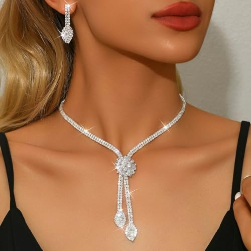 Gangel Silver Rhinestone Necklace Set Crystal Earring Bridal Wedding Jewelry Sets Prom Necklace for Women by Gangel - Used condition - Image 2