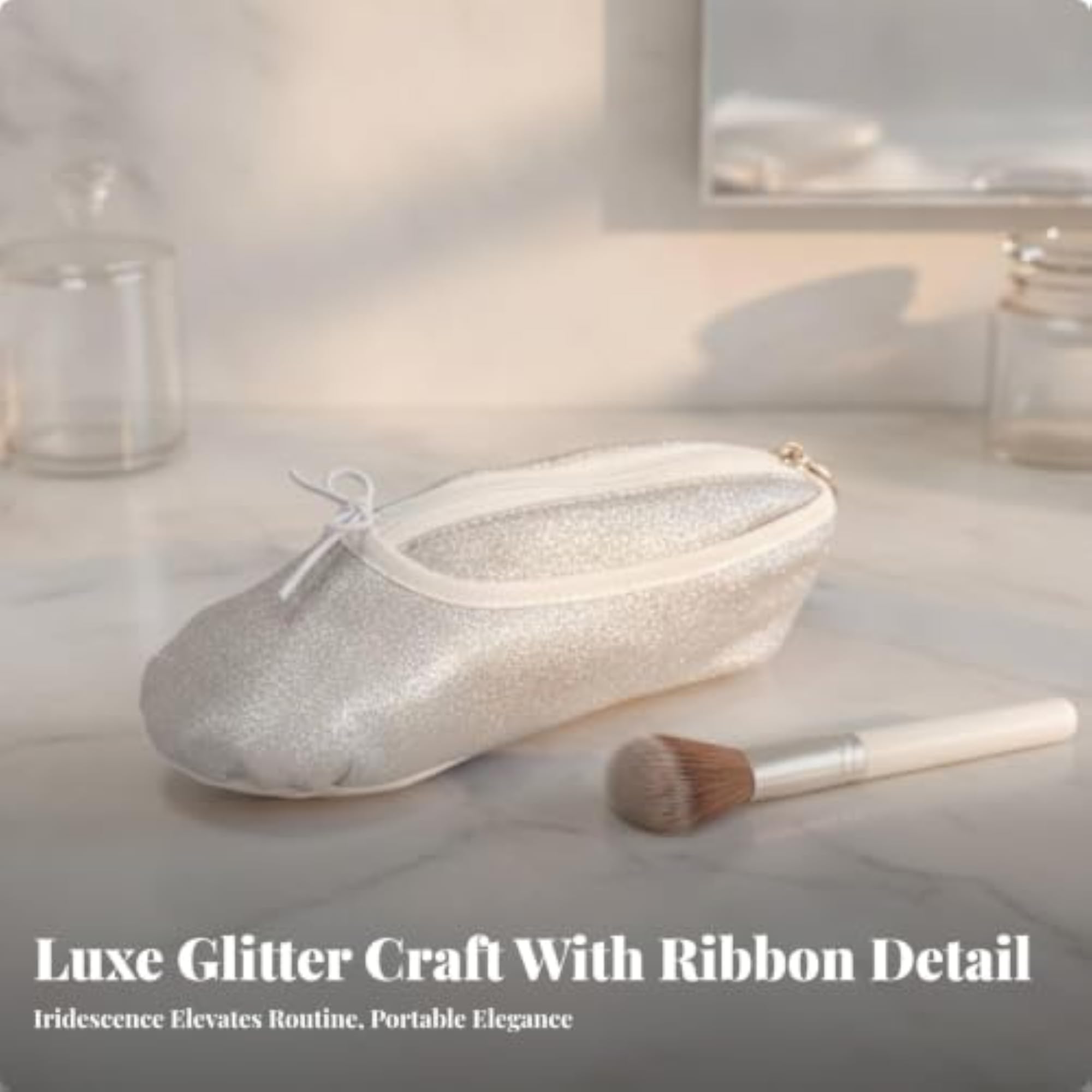 Zippered Ballet Shoe Pouch, Fine Glitter Finish, Travel Makeup Bag