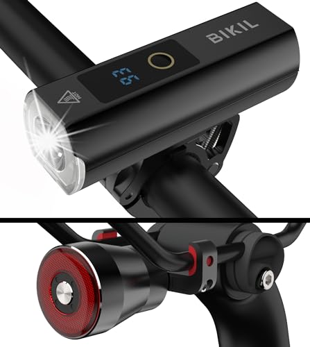 BIKIL Luces Bicicleta Delantera y Trasera y Soportes de Aluminio Luz Trasera Inteligente Luz Bicicleta Recargable USB C de 5000 mAh con indicador de Nivel de batería Linterna Bicicleta Potente led