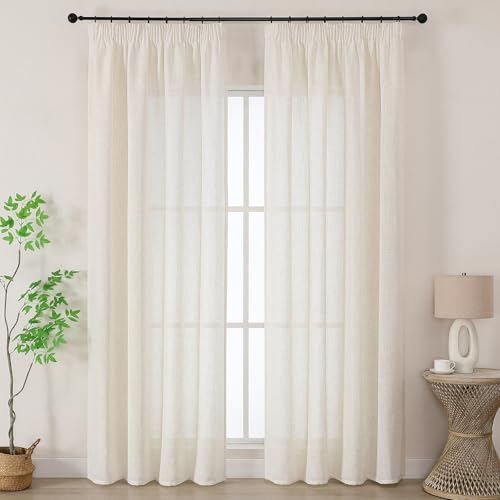 Joydeco Light Beige Linen Voile Curtain Panels for Ceiling Track - W55 x L102 Inch Drop, 2 Panels of Semi-Transparent Light Filtering Pencil Pleat Sheers