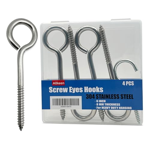 4 PCS M8 304 Stainless Steel Screw Eyes Hook, 6 Inches Eyes Screw Hooks, Indoor &amp; Outdoor Uses, 700 Lbs Capacity