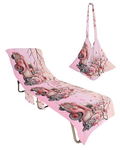 Valentine's Truck Pink Beach Chair Towel Covers for Chaise Lounge with Side Pocket, Soft Plush Pool Towels Cover for Patio Sunbathing Outdoor 29''x85'' Vintage Gradual Romantic Rose Flower