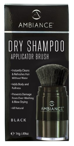 Ambiance Natural Dry Shampoo Powder & Brush for Black Hair - Non Aerosol Travel Size Tinted Shampoo - Non Toxic, Benzene Free - Volumizing, Refreshes Oily Hair & Covers Roots Between Colorings