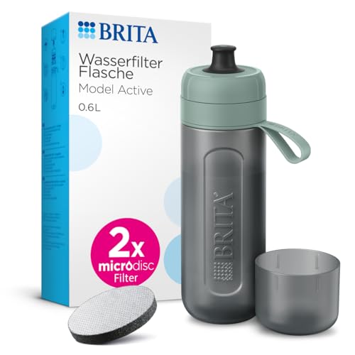 BRITA Sport Wasserfilter Flasche Model Active dunkelgrün (600ml) inkl. 2 MicroDisc Filter – zusammendrückbare Flasche für unterwegs, Trinkflasche filtert beim Trinken/spülmaschinengeeignet