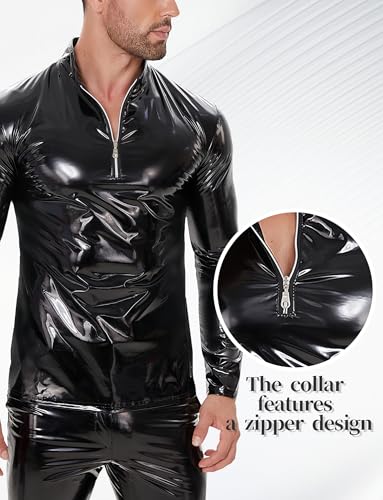 Image of Panegy Men's Liquid Shiny Leather Shirt Jacket Slim Fit Wetlook Party Nightout Club 70s /80s Disco Blouse Tshirt