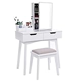BEWISHOME Vanity Set White Makeup Table Cushioned Stool, Lockable Jewelry Storage Cabinet with Mirror Dressing Desk Armoire Organizer, 2 Sliding Drawers, FST04W