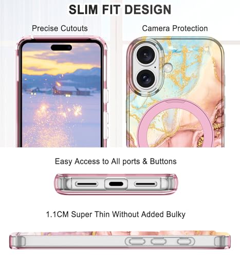 Lamcase for iPhone 16 Case with Magnetic Invisible Ring Stand [Compatible with MagSafe], Full Body Rugged Slim Women Men Girl Shockproof Marble Pattern Design Case, Rose Gold - image 3