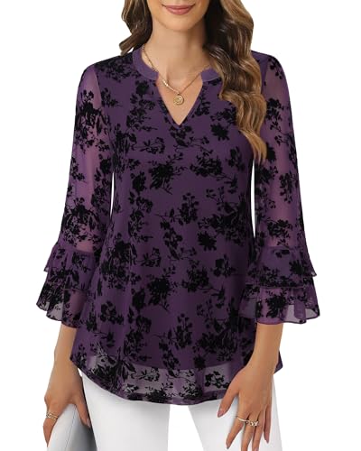 Womens Blouses Dressy Casual 3/4 Tiered Bell Sleeve Tops Double Layered Mesh V Neck Shirts