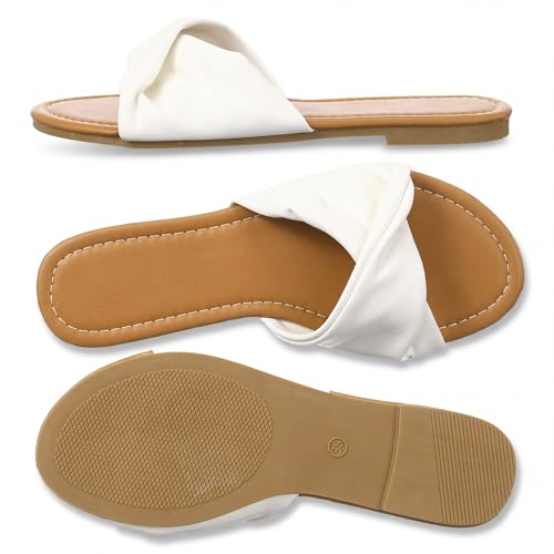 Image of Unittype Women Flat Sandals White Dressy Leather Slides Soft Fashion Open Toe Slippers Summer Minimalist Slip On Beach Slides