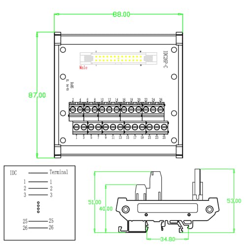 Module d'interface DIN IDC26 2x13 broches mâle pour câble plat PLC