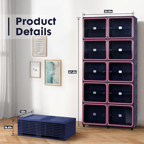 Image of Folding Shoe Rack Storage Device,Large Plastic Folding Shoe Cabinet, Easy to Assemble Shoe Rack Storage Cabinet with Transparent Door Magnetic Buckle(9Tiers,36Pairs) Blue and Pink