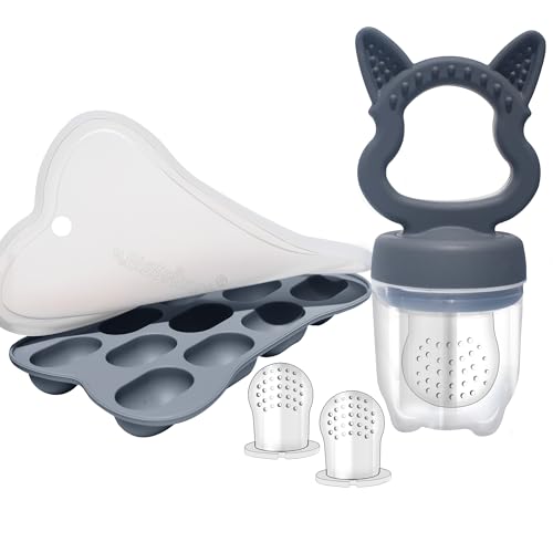 Image of BIGSPINACH Baby Feeding Set - Boston Terrier Soft Silicone Ice Tray, Baby Fruit Food Feeder, Breastmilk Popsicle Molds - BPA-Free(Grey)