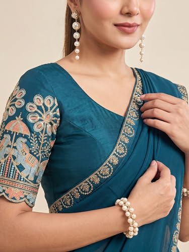 Image of Women's Saree with Heavy Embroidered Blouse & Border, Designer saree for Women