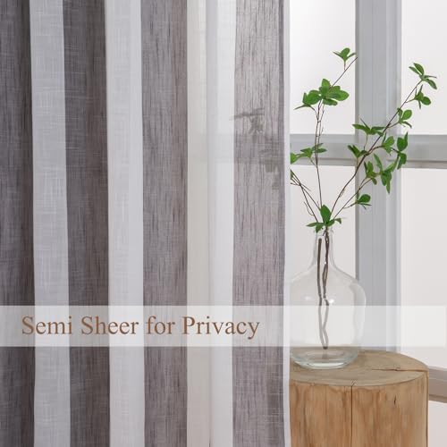 L.Z.E Semi Sheer Curtains for Living Room Bedroom Windows Short Curtains & Drapes Panels Charcoal Black White Striped Faux Linen Look with Eyelet 57 Inch Drop - Image 2