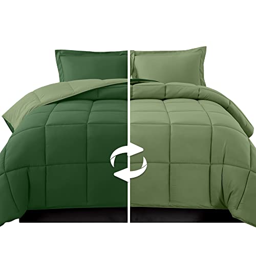 Image of Elegant Comfort 3-Piece Reversible Comforter Set, All Season Cozy, Soft Down Alternative, Quilted - Box Stitched - Duvet Insert with 4 Corner Tabs, Comforter with Shams, Twin XL, Hunter Green /Sage