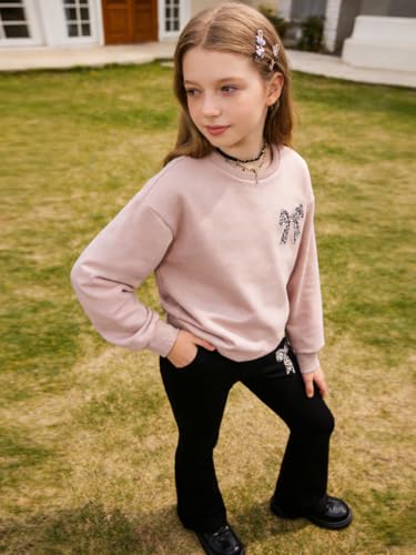 Image of Tween Girls Clothes Long Sleeve Graphic Sweatshirt Top + Bow Knot Pants 2 Piece Outfit Set, Size 7-16Years