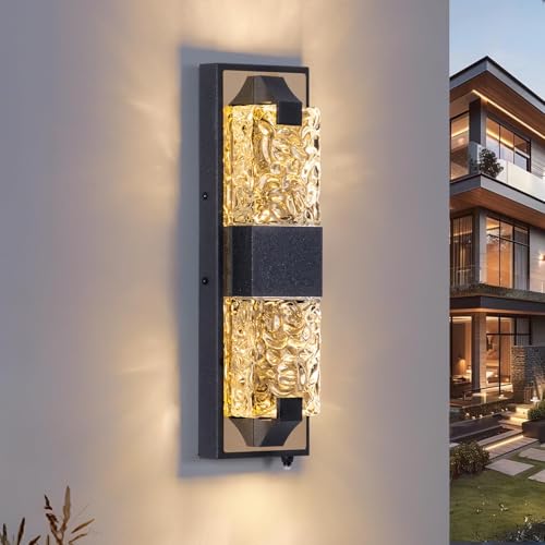 Image of 15.3 inch Dusk to Dawn Outdoor Wall Light, 12W LED Black and Gold, 1-Pack | IP65 Waterproof, Exterior Crystal Modern Wall Sconce, Ideal for Porch, Hallway, Doorway, Patio