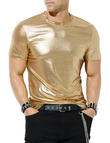 Casey Kevin Mens Metallic T-Shirts 70s Disco Outfits for Mens Holographic Short Sleeve Shiny Tops