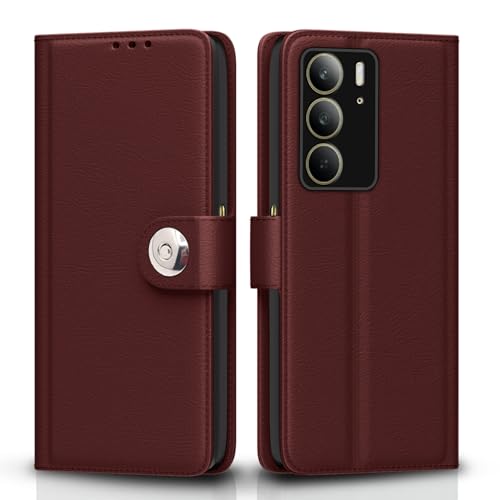 Image of Pikkme Flip Cover Leather Finish | Inside TPU with Card Pockets | Wallet Stand and Shock Proof | Complete Protection Button Flip Case for Realme C75(Brown)