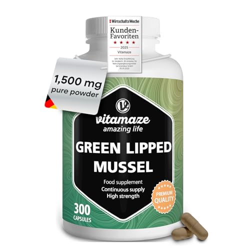 Green Lipped Mussel 1500mg- Omega 3 & Glycosaminoglycanes- 300 Capsules Pure New Zealand Green Lipped Mussel Powder - Supplement for Cartilage and Joints - German Quality