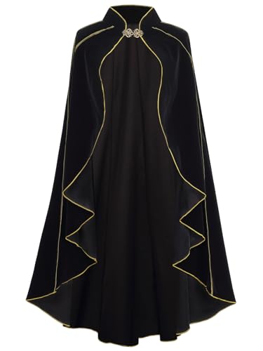 GRAJTCIN Women's Medieval Cloak Renaissance Thic Velvet Gold Trim Cape Halloween Costume for Adult (43.3", Black)