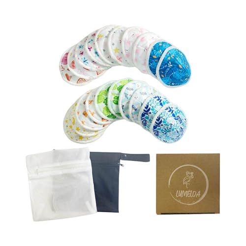 Pack 20 Coussinets d'allaitement motifs colorés lavables en fibre de bambou triple épaisseur confortables réutilisables ultra absorbants + pochette de rangement transport étanche + filet de lavage