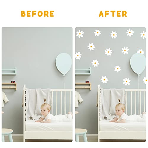 White Daisy Wall Decals For Baby Girls Toddler Kids Bedroom, Retro Flower Wall Decals Peel And Stick Vinyl Daisy Floral Wall Stickers For Nursery Playroom Living Room Classroom Wall Decor #TOP3