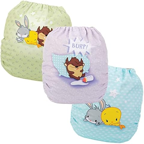 Simple Being Reusable Baby Cloth Diapers Adjustable Size, Double Gusset, Waterproof Cover, 3 Pack with 3 Inserts Looney Tunes (Chibi Friends) Cover