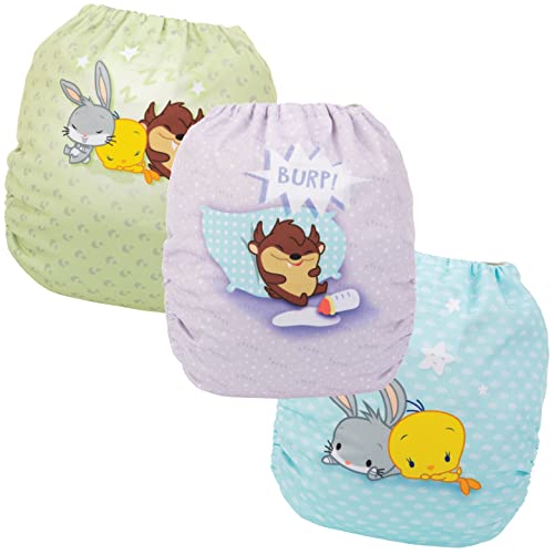 Image of Simple Being Reusable Baby Cloth Diapers Adjustable Size, Double Gusset, Waterproof Cover, 3 Pack with 3 Inserts Looney Tunes (Chibi Friends)