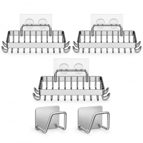 Strong Self Adhesive Wall Mounted Bath Soap Holder with 4 Hooks for Bathroom Kitchen Wash Basin, 304 Stainless Steel, Waterproof, RustProof, Quick Drying (3, Silver) Deal