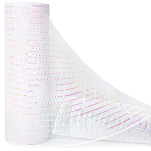 Ribbli White Metallic Mesh Ribbon, 10 inch x 30 feet(10Yard), White with Iridescent Wide Foil, Christmas Ribbon for Wreath Swags and Christmas Tree