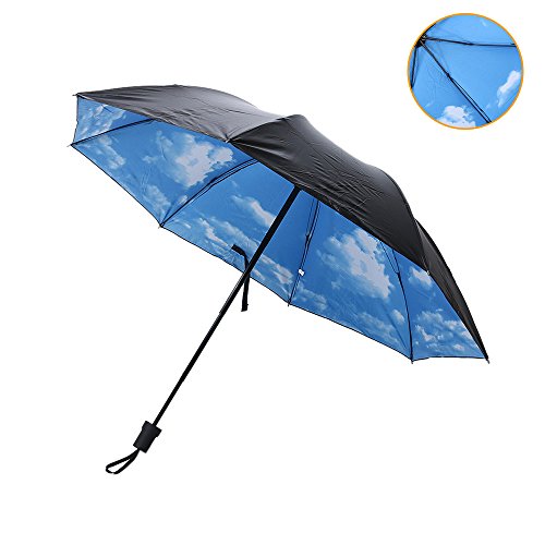 Pingenaneer paraguas de viaje, cortavientos, resistente a UV, ligero, Cielo soleado azul, negro exterior