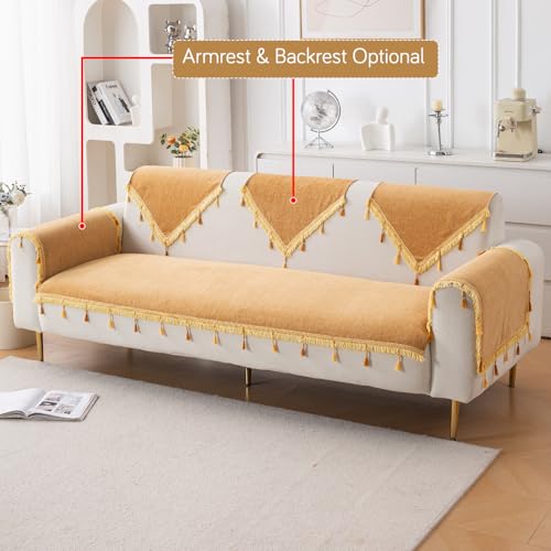Image of HOKIPO 'Serenity Tassel' Chenille Sofa Cover 5 Seater Set with Tassels - Washable 3+1+1 Sofa Cover Mat | Sunlit Amber (IN-890 * 2 + IN-892 - GLD)