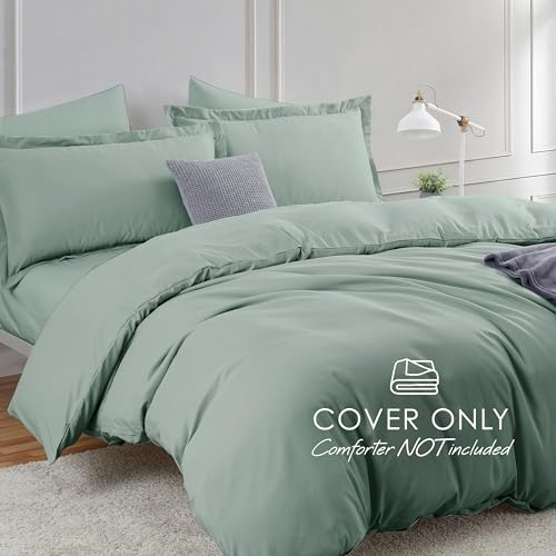 Image of Hearth & Harbor Sage Green Duvet Cover with Fitted Sheet Queen Size | 4 Piece Soft Double Brushed Bedding Set, Button Closure, 1 Duvet Cover 90x90 Inches, 1 Fitted Sheet, 2 Pillow Shams