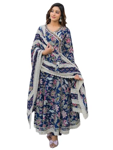Varanga Women Ethnic Jaipuri Floral Printed Angrakha Anarkali Kurta With Trouser & Dupatta