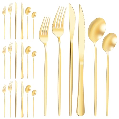 Juego de cubiertos para 4 personas, 24 piezas, acero inoxidable, pulido espejo, juego de cubertería con cuchara, tenedor y cuchillo de carne, cubiertos de camping, para casa, fiestas o restaurantes