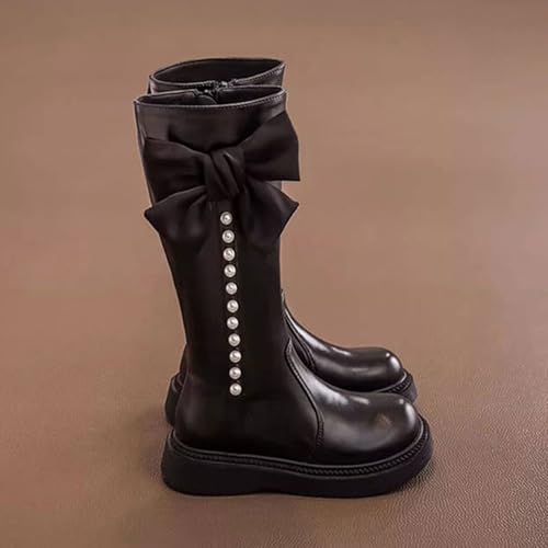 Girls Bow Ridding Boots Non-Slip Side Zipper Pearl Down PU Leather Boots Knee High Birthday Party Princess Shoes4