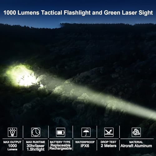 Red/Green/Blue Laser Sight with 1000 Lumens Tactical Flashlight for Rifle, Beam Light Combo, Hard Anodized Aluminum Alloy, Laser Class IIIA, 5mW