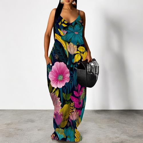 Image of SUZONANA Women's Plus Size Summer Dresses Spaghetti Print Maxi Dresses Long Loose Sundresses