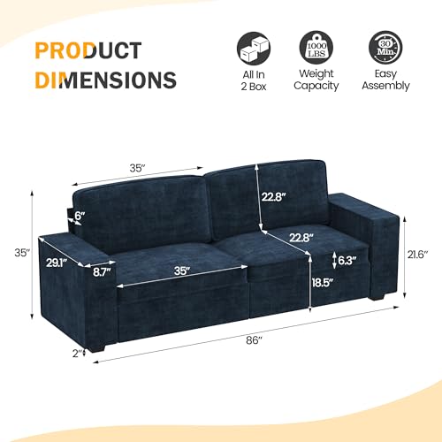 Apicizon 86\'\' 3-Seater Oversized Couch for Living Room, Bedroom, Chenille Cloud Couch with Deep Seat, Modern Sleeper Sofa, Comfy Couch with Removable Sofa Cover for Office, Apartment, Blue