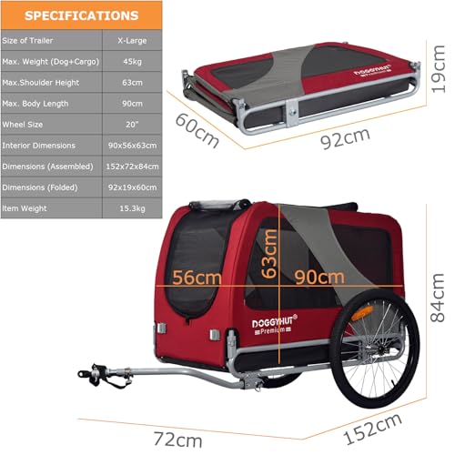 DOGGYHUT® Premium XL Hundefahrradanhänger bis 45 kg Fahrradanhänger für Hunde Hundeanhänger für Fahrrad große Hunde 80103 (ROT/SCHWARZ)