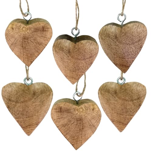 6X Herz Anhänger 4,5 x 4,5 cm Holz, Massiv Holzherzen zum Hängen Deko Hänger Natur