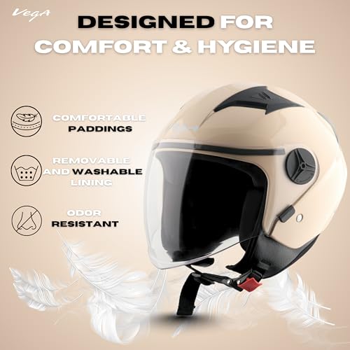 Image of Vega VO-05 Clark ISI Certified Open Face Motorcycle Helmet with High-Impact ABS Shell, UV-Resistant Scratch-Resistant Visor, Comfortable Breathable Inner Padding & Secure Fit - Ivory - L