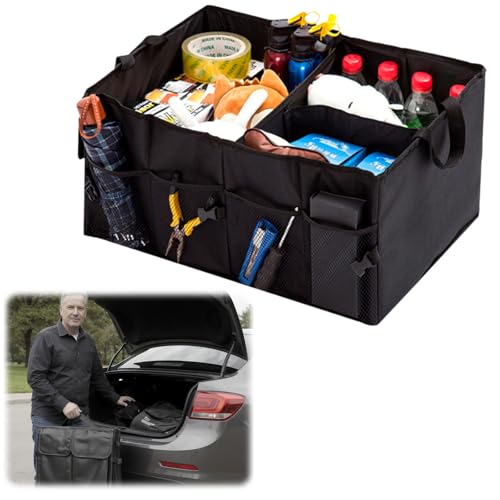 Organizador de Porta-Malas Dobrável Impermeável 56x40x26cm – Caixa Organizadora Automotiva com Divisórias, Bolsos Laterais e Alças Reforçadas em Oxford 600D para Carro e Viagens