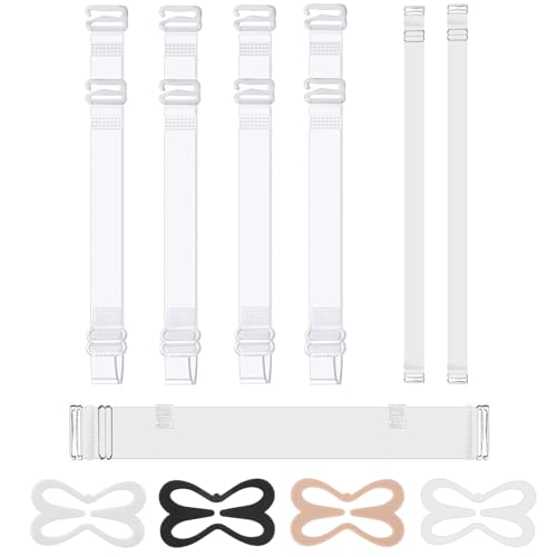 Clear Bra Straps, 3 Pairs Adjustable Shoulder Straps+1Pc Wide Back Strap+4Pcs Bra Strap Clips to Make Racerback