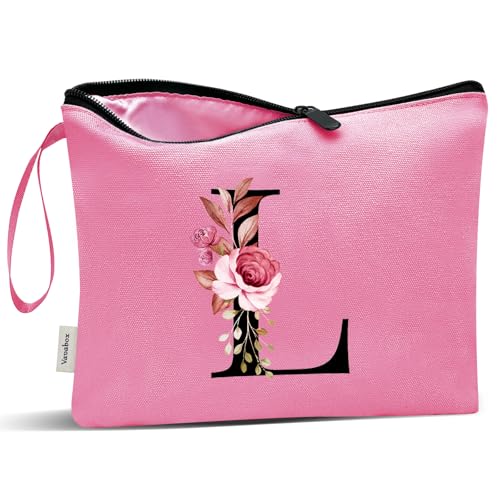 Image of Vavabox A-Z Personalized Makeup Bag, Birthday Gifts for Women Mom, Gifts for Best Friend, Bride Bridesmaid Cosmetic bag (L, Peach)