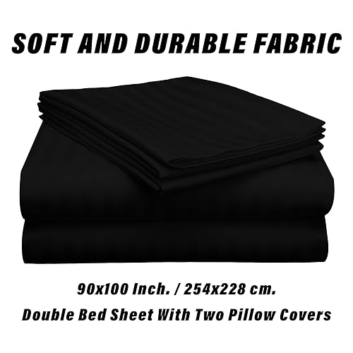 Image of Kuber Industries Double Bedsheet with 2 Pillow Covers | 144 TC Glace Cotton Bedsheet | Satin Striped Bedsheet for Home | Bedroom | 90x100 Inch | Black